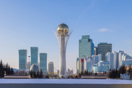 Panoramic view of Baiterek tower on Nurjol boulevard, author @larisashpineva